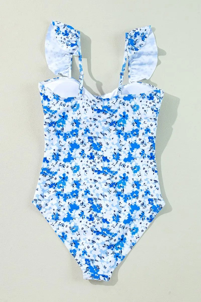Blue Bohemian Floral Ruffled Lace-Up One-Piece Swimsuit - Love Salve